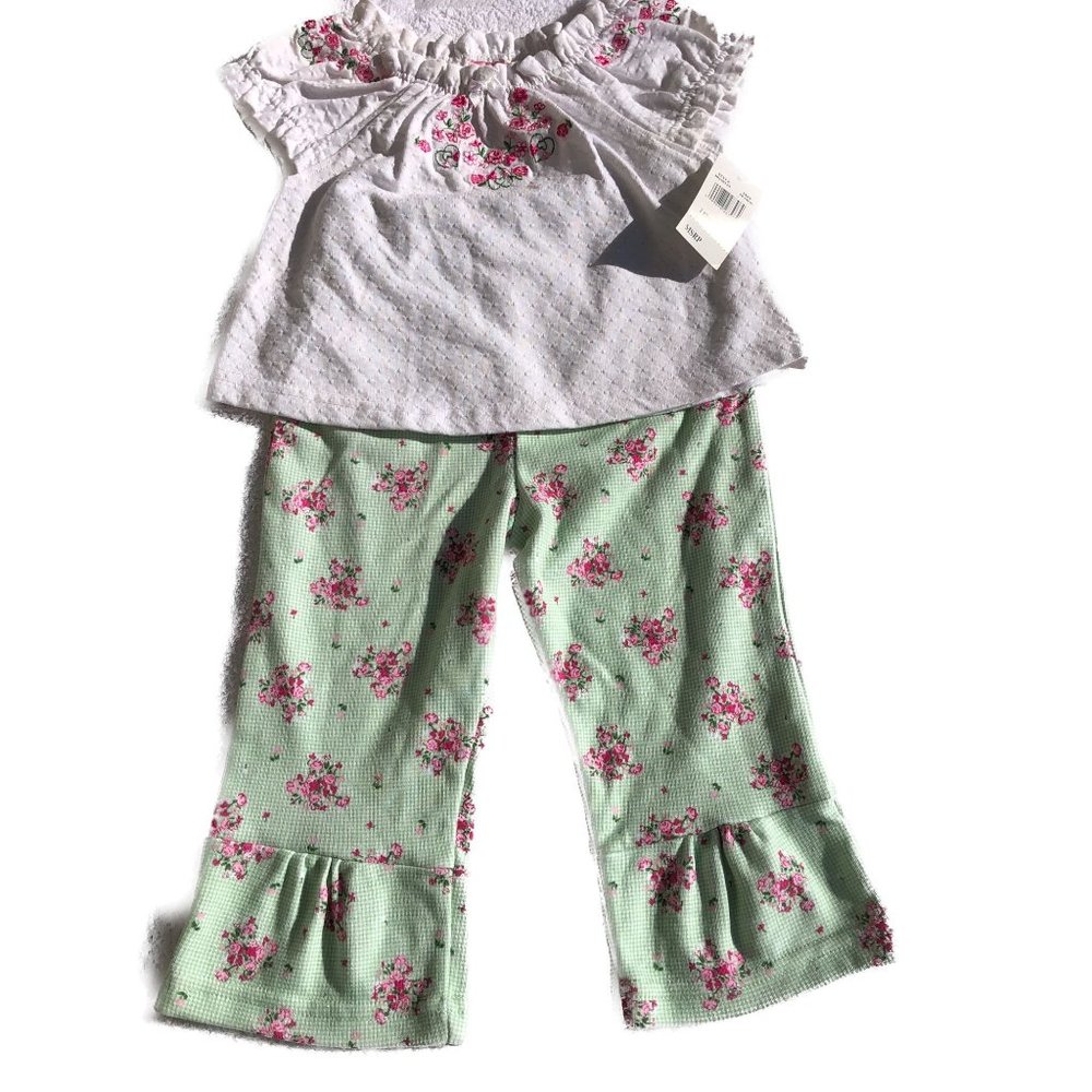 Baby Q 2 Piece Set White Top Green Bell Bottom Pants Size 18 Months